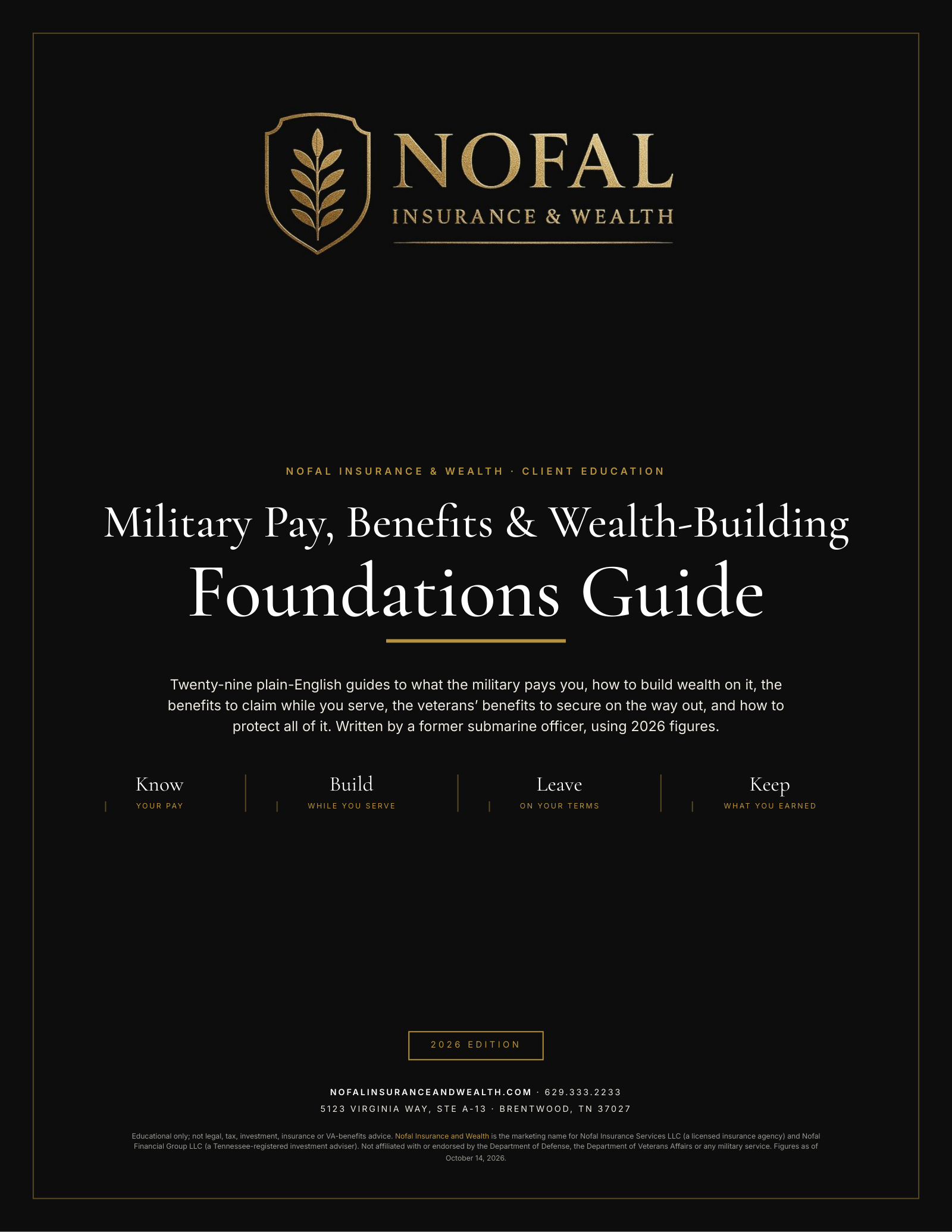 Cover of the Military Pay, Benefits & Wealth-Building Foundations Guide, 2026 Edition, by Nofal Insurance and Wealth